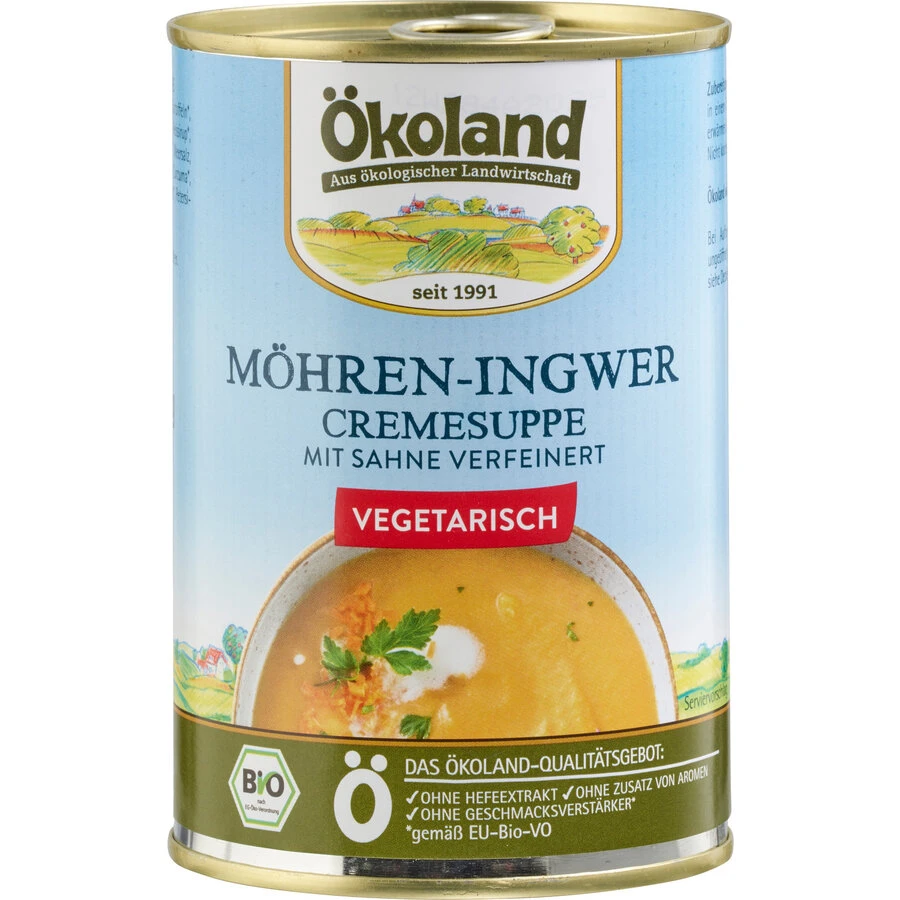 Ökoland Möhren-Ingwer Cremesuppe, 400 Gr Dose 1 Ökoland Möhren-Ingwer Cremesuppe, 400 Gr Dose