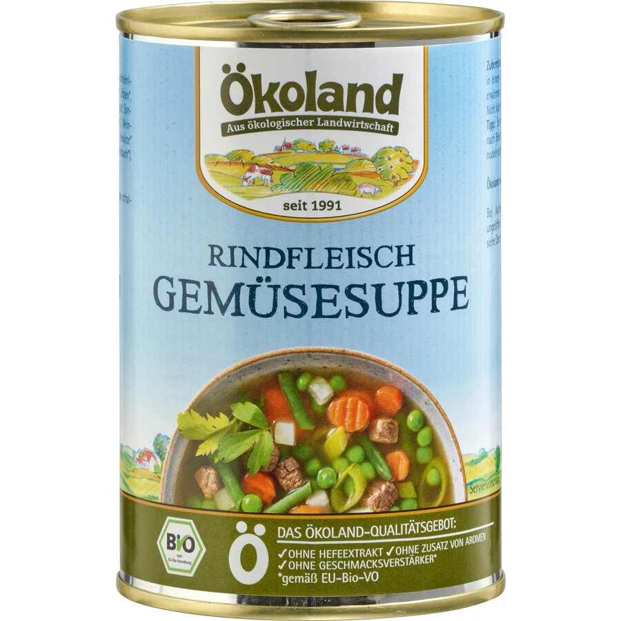 Ökoland Rindfleisch Gemüsesuppe, 400 Gr Dose 1 Ökoland Rindfleisch Gemüsesuppe, 400 Gr Dose