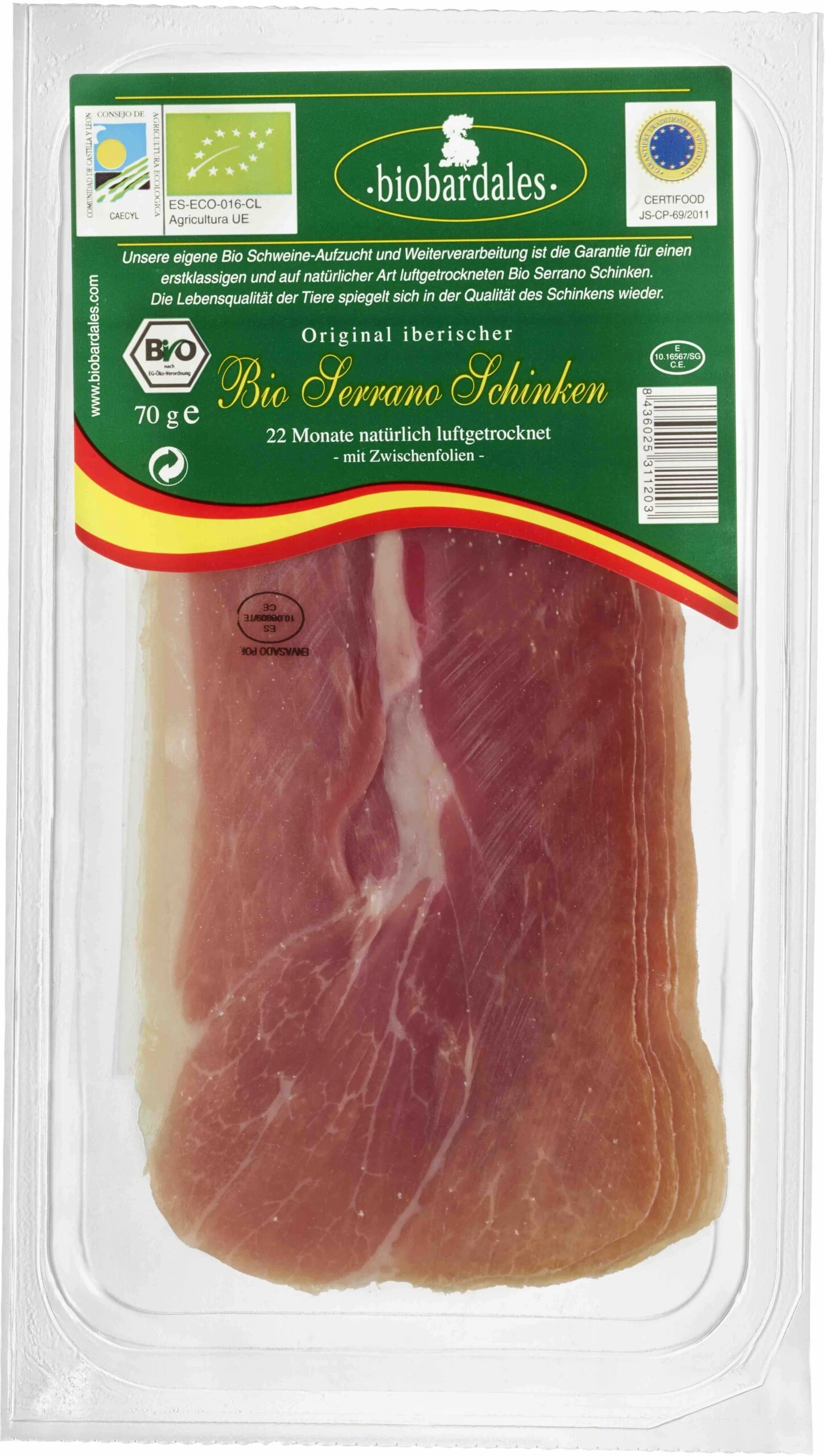 Biobardales Bio Serrano Schinken, 70 Gr Schale 1 Biobardales Bio Serrano Schinken, 70 Gr Schale