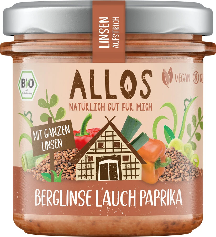 Allos Linsen-Aufstrich Berglinse Lauch Paprika, 14 1 Allos Linsen-Aufstrich Berglinse Lauch Paprika, 14
